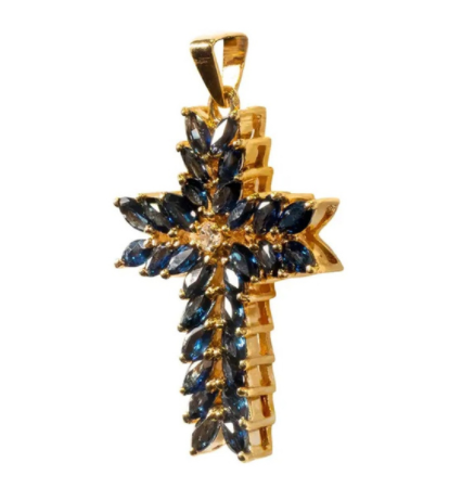 18k Gold Plated 925 Silver Sterling Blue Sapphire Cross Necklace Pendant